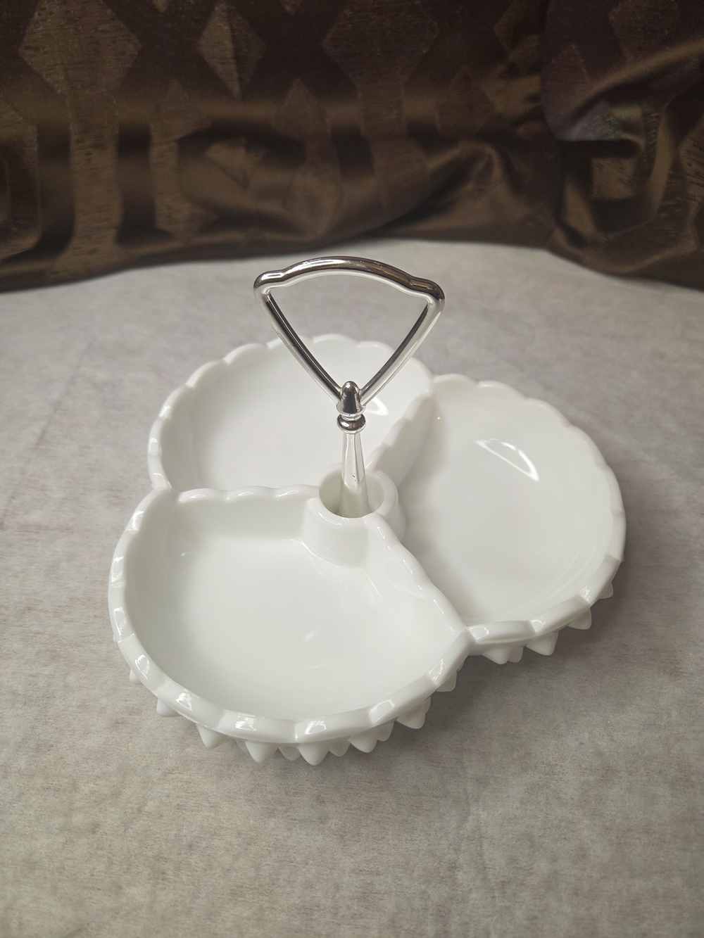 White Milk Glass 3-Section Ceramic Serving Tray with Silver Handle